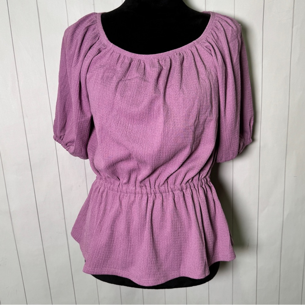 Nine West Easter Pastel Purple Puff Sleeve Peplum Top Preppy Colorful Chic Small